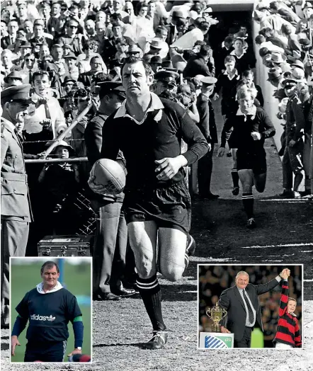  ??  ?? Sir Brian Lochore filled many roles in New Zealand rugby. He was an outstandin­g All Blacks captain (main picture); inset left, he coached the team to World Cup glory in 1987; inset right, at the 2011 World Cup final in Auckland.