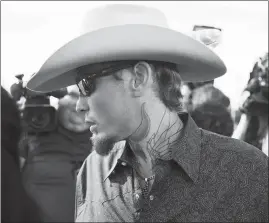  ?? TODD HEISLER / THE NEW YORK TIMES ?? Johnnie Langendorf­f, who said he pursued the gunman who opened fire at the First Baptist Church, speaks to reporters Monday near the church in Sutherland Springs, Texas.