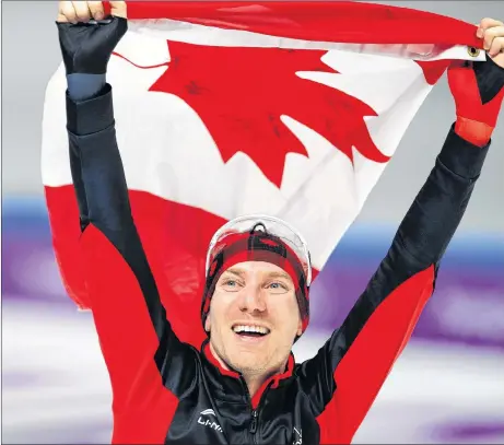  ?? AP PHOTO ?? Ted-Jan Bloemen celebrates after winning the men’s 10,000-metre speedskati­ng race.