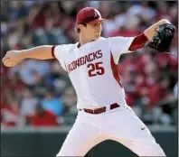  ?? NWA Democrat-Gazette/ANDY SHUPE ?? Arkansas pitcher Dominic Taccolini endured a rough outing in his last start, but the junior is looking to get back on track tonight against Auburn. Visit arkansason­line.com/videos to see Arkansas Coach Dave Van Horn and other players preview the series.