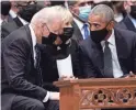  ?? ANDREW HARNIK/AP ?? President Joe Biden and first lady Jill Biden talk with former President Barack Obama before the funeral for Colin Powell.