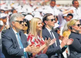  ?? REUTERS ?? ■
US White House senior advisors Ivanka Trump (centre) and Jared Kushner applaud alongside National Security Advisor Robert O’Brien (extreme left) at Sardar Patel Gujarat Stadium on Monday.