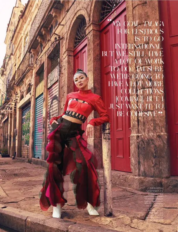  ??  ?? SWEEPING STATEMENTS Bondage gear? Red leather? Don’t stop there. Add statement pants and Lustrous Matte Lippie in Wine Pon U to complete this eye-catching look
Red topper by KAYE MORALES, Caged corset by AJ JAVIER and Sculptural pants by BELLE VILLANUEVA