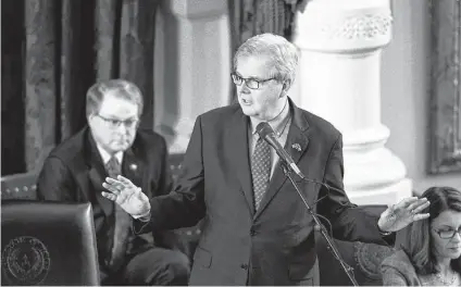  ?? Bob Daemmrich / Capitol Press photo ?? Republican Lt. Gov. Dan Patrick of Houston presides over the Texas Senate session on Thursday. He appears to be in a feud with House Speaker Dade Phelan as he barred him from the Senate chamber for negotiatio­ns Wednesday night.