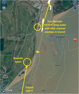  ??  ?? Compare chart informatio­n (left) to chart satellite images (right) and annotate things that aren’t clear, eg the position of the Martello tower