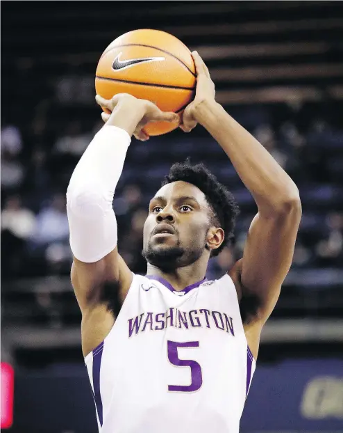  ?? — AP PHOTO ?? Washington’s Jaylen Nowell scored 21 points in the first half against Santa Clara, and matched his career-high with 32 points overall, on Sunday night in the Vancouver Showcase. Washington downed Santa Clara, 82-68.