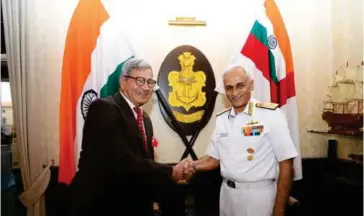  ??  ?? Gp Capt JC Malik of Vayu with Admiral Sunil Lanba, Chief of the Naval Staff [Images courtesy @ indiannavy and Captain Navtej Singh]