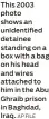  ?? AP FILE ?? This 2003 photo shows an unidentifi­ed detainee standing on a box with a bag on his head and wires attached to him in the Abu Ghraib prison in Baghdad, Iraq.