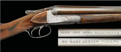  ?? COURTESY OF JAMES D. JULIA INC. ?? Left: Respected Philadelph­ia gun maker Burt Becker of the A.H. Fox Gun Co. made the first Bo-Whoop, pictured here, especially for Nash Buckingham. The gun’s distinctiv­e engraving is a hallmark of the craftsmans­hip that went into this side-by-side double-barreled shotgun.