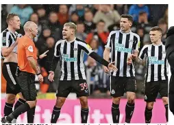  ?? ?? RED AND READY Guimaraes appeals in vain as he is shown a red card but (right) there was no such stress for watching Toon new boy Anthony Gordon