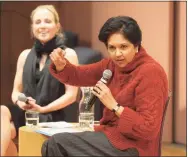  ?? Tyler Sizemore / Hearst Connecticu­t Media file photo ?? Former PepsiCo CEO and Chairman Indra Nooyi, right, speaks with then-state Sen. Alex Kasser during a Community Conversati­on event at the Greenwich Library in 2019.