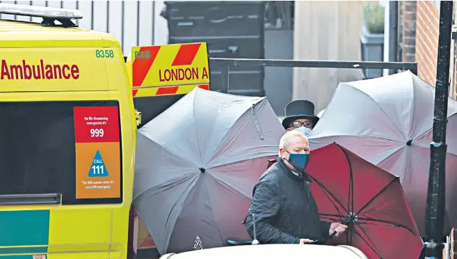  ??  ?? A screen of umbrellas is thrown up as the Duke of Edinburgh is transferre­d from King Edward VII’S hospital to St Bartholome­w’s yesterday to continue his treatment, 13 days after first being admitted, having complained of feeling unwell