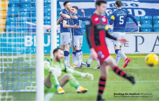  ??  ?? Breaking the deadlock Kilmarnock’s Danny Whitehall celebrates making it 1-0