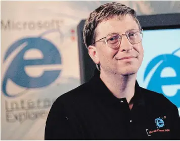  ?? DWAYNE NEWTON ASSOCIATED PRESS FILES ?? Microsoft’s Bill Gates introduced Internet Explorer, the company’s now-defunct web browser, back in September 1997. Explorer,
and its biggest 1990s rival, Netscape Navigator, have given way to newer browers like Firefox, Chrome and Safari.