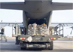  ??  ?? US Airmen from the 449th Air Expedition­ary Group load pallets of medical and humanitari­an aid supplies, to be delivered to the Somali people, onto a US C-130J Super Hercules at Camp Lemonnier, Djibouti. (AP)