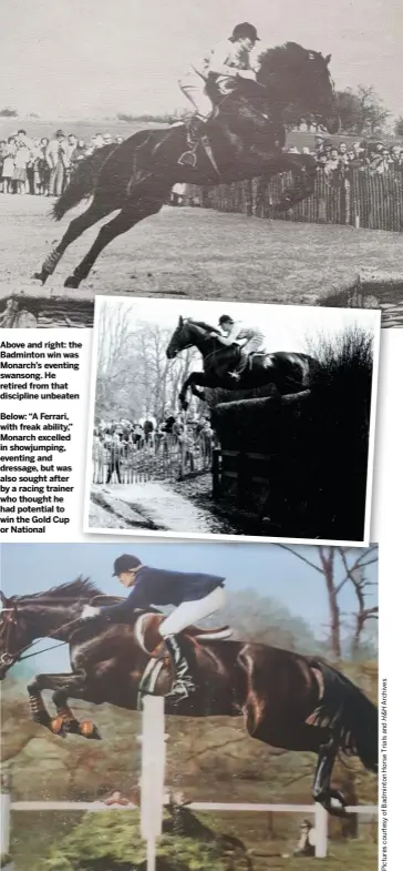  ??  ?? Above and right: the Badminton win was Monarch’s eventing swansong. He retired from that discipline unbeaten
Below: “A Ferrari, with freak ability,” Monarch excelled in showjumpin­g, eventing and dressage, but was also sought after by a racing trainer who thought he had potential to win the Gold Cup or National