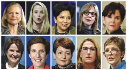  ?? — AP ?? This photo combinatio­n of images shows the 10 highest paid women CEOs in 2016, according to a study. Top row, from left: IBM CEO Virginia Rometty; Yahoo CEO Marissa Mayer; PepsiCo CEO Indra Nooyi; General Motors CEO Mary Barra, and General Dynamics CEO...