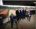  ??  ?? Councillor David McDonald, Joe FitzPatric­k MSP and Mel Young MBE, chair of sportscotl­and, with local BMX riders at the centre