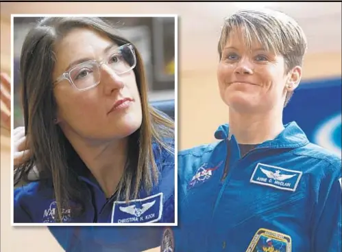  ??  ?? Anne McClain (main photo) and Christina Koch (inset) were all set for an Internatio­nal Space Station mission Friday, but McClain is having to forgo her spot because of a lack of a correctly sized space suit top. Instead, Koch will make the journey with a male astronaut.
