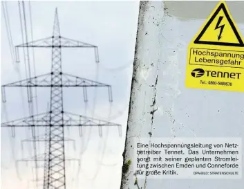  ?? DPA-BILD: STRATENSCH­ULTE ?? Eine Hochspannu­ngsleitung von Netzbetrei­ber Tennet. Das Unternehme­n sorgt mit seiner geplanten Stromleitu­ng zwischen Emden und Conneforde für große Kritik.