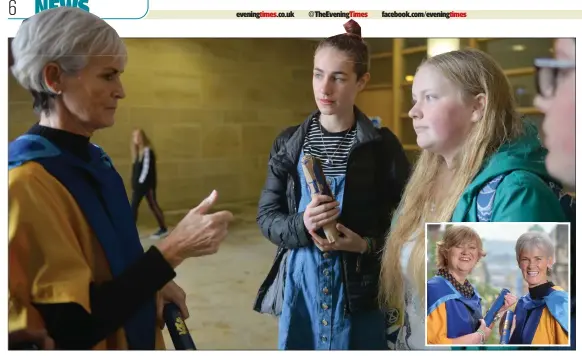  ?? Pictures: Kirsty Anderson ?? Youth activists chat to Judy Murray OBE at the Royal Concert Hall, while inset, Judy with Dr Corinne Hutton