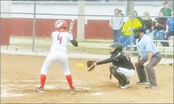  ?? Photograph­s submitted ?? Lady Blackhawk catcher Sara Whatley catches the pitch during the game Monday in Green Forest.