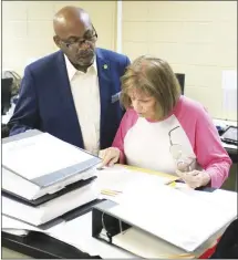  ?? Brodie Johnson • Times-Herald ?? St. Francis County Election Commission­ers Frederick Freeman, left, and Pat Beede review a provisiona­l ballot from Tuesday’s primary. The ballot was cast in the JP District 10 race for which there will be a runoff on June 21. By counting the ballot, commission­ers avoided having to flip a coin to determine the runoff candidate.