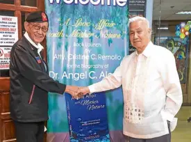  ??  ?? Former President Fidel V. Ramos is welcomed by Angel Alcala.