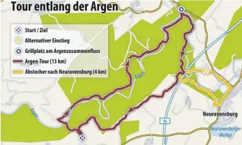  ?? GRAFIK: WEINERT ?? Der Verlauf von Hauptroute (rot) samt Abstecher nach Neuravensb­urg (gelb).