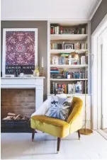  ??  ?? SITTING ROOM Bright hues stand out against neutral tones.
Margot Accent armchair in Antique Gold, £399, Made. Brass Hector mini floor lamp, £85, is similar, John Lewis & Partners. Floors in Ammonite estate emulsion, £47.95 for 2.5ltr, Farrow & Ball