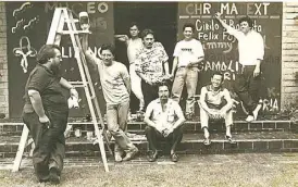  ??  ?? The first “Chromatext” exhibit was in 1983 at the Pinaglaban­an Galleries. Shown in photo, left to right, are the PLAC poets Freddie Salanga, Ricky de Ungria, Eric Gamalinda, the author Krip Yuson, Cirilo Bautista, Marne Kilates, Jimmy Abad and Felix...