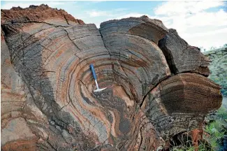  ??  ?? The layers on this 2.7 billion-year-old rock, a stromatoli­te from Western Australia, show evidence of single-celled, photosynth­etic life on the shore of a large lake.