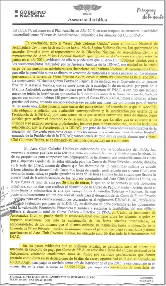  ?? ?? Parte del informe de Dinac, que reveló varias irregulari­dades en la gestión de Regina Valiente.