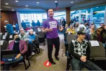  ?? Herald file photo by Ian Martens ?? Organizer Lee Mein speaks for a group protesting the City mask bylaw as they briefly occupied council chambers at city hall. @IMartensHe­rald