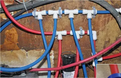  ??  ?? LEFT Roger completely replaced all the old pipes and re-routed many to make them easier to inspect. Red are for hot water and blue for cold