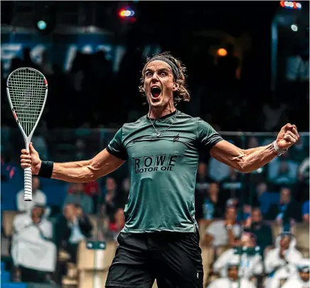  ??  ?? Paul Coll celebrates his win over Marwan ElShorbagy in the semifinal of the world championsh­ip yesterday. Coll triumphed 9-11 11-9 8-11 11-6 11-7 in 84 minutes.