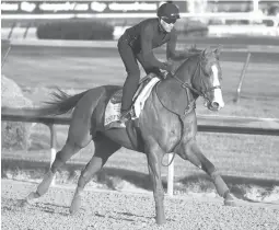  ?? Charlie Riedel/Associated Press ?? ■ Kentucky Derby hopeful Justify runs during a morning workout at Churchill Downs on Tuesday in Louisville, Ky. The 144th running of the Kentucky Derby is scheduled for Saturday.