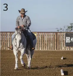  ??  ?? the change. RIGHT: After the lead change, I continue to lope on a straight line to maintain my horse’s alignment throughout the drill. I can lope around the arena and come back to the poles to practice the change again, working on a left-to-right lead change.