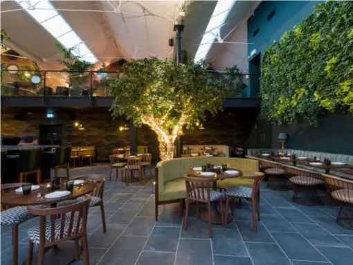  ??  ?? The open interior dining hall of Ours features three live trees