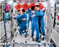  ?? Photo: Xinhua ?? Astronauts of the Shenzhou-17 mission greet the Shenzhou-18 crew yesterday after their arrival at China’s space station.