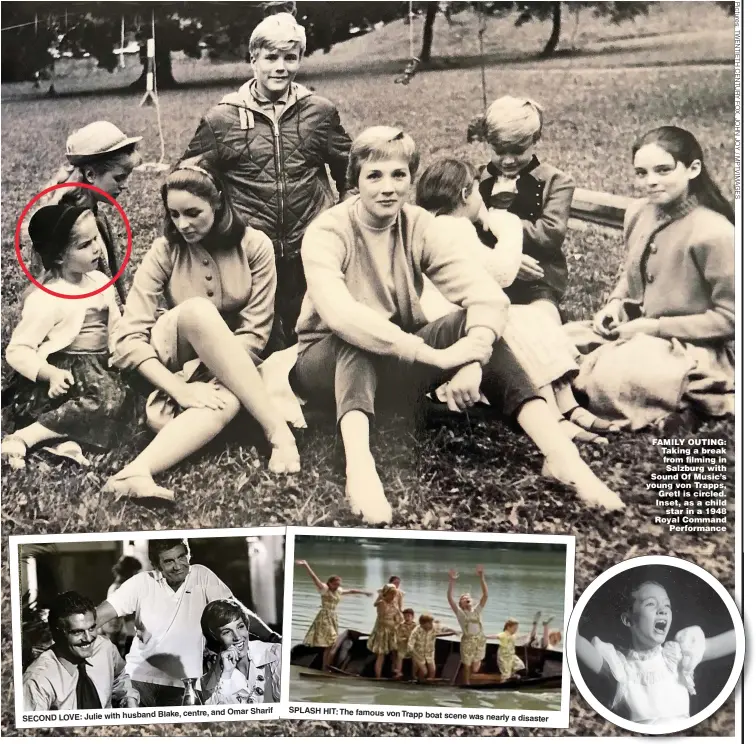  ??  ?? FAMILY OUTING: Taking a break from filming in Salzburg with Sound Of Music’s young von Trapps, Gretl is circled. Inset, as a child star in a 1948 Royal Command Performanc­e