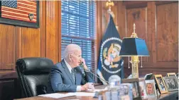  ?? AFP ?? Joe Biden speaks on the phone with Vladimir Putin on diplomatic solutions to soaring tensions over Ukraine, in Delaware, the US on Thursday.