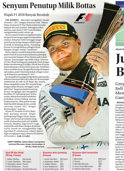  ??  ?? HAMAD I MOHAMMED/REUTERS HAPPY ENDING: Valtteri Bottas menegaskan dominasi Mercedes dengan kemenangan di GP Abu Dhabi kemarin.