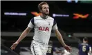  ??  ?? Harry Kane celebrates after opening the scoring for Tottenham against Dinamo Zagreb. Photograph: Alastair Grant/AP