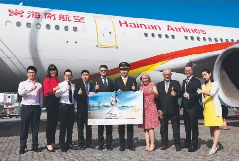  ?? Pictures: STEWART McLEAN ?? ARRIVED: Hainan Airlines station manager Qiguo, Cairns Airport chief operations officer Kate McCreery Carr, Hainan Airlines sales manager of Guangzhou branch Jiajia Zhou, sales manager of Shenzhen branch Chunshun Feng, general manager of Shenzhen...