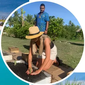  ?? ?? Top right: Good writer Jess planting lemongrass on the farm at Sheraton Fiji Golf and Beach Resort.