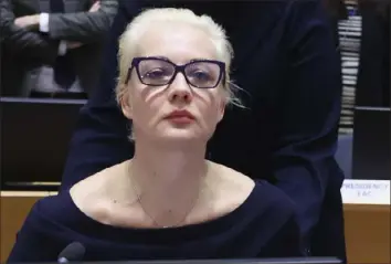  ?? Yves Herman, Pool Photo via AP ?? Yulia Navalnaya, widow of Russian opposition leader Alexei Navalny, addresses a meeting of EU foreign ministers Monday at the European Council building in Brussels. She said she would carry on her husband’s work to challenge Russian President Vladimir Putin’s autocratic rule, presenting herself for the first time as a political force.