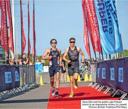  ?? ?? Dave Ellis and his guide Luke Pollard storm to an impressive victory in Llanelli.
Picture: British Triathlon/phil Rees.