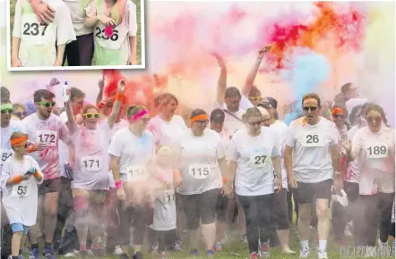  ?? KAREN MORRIS. ?? Runners get powered at the Colour Blast last year and, inset, Nathan Scanlon and his children