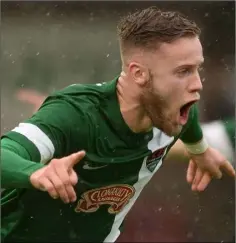  ??  ?? Wexford’s Kevin O’Connor celebrates after scoring the winning goal for Cork City in their recent Europa League qualifying round victory over BK Hacken from Sweden. After losing since 1-0 away to Genk of Belgium, they will seek a second leg win in...